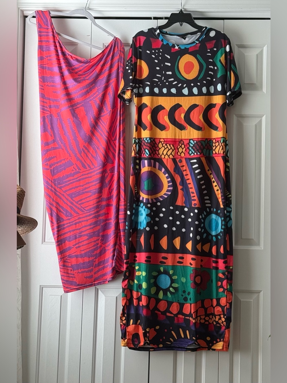 Bold Multicolor Patterned Dress -pink orange and purple off the shoulder